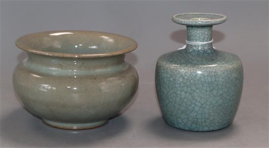 A Chinese green crackleglaze bottle vase and a Chinese green Jun type vessel height 11cm